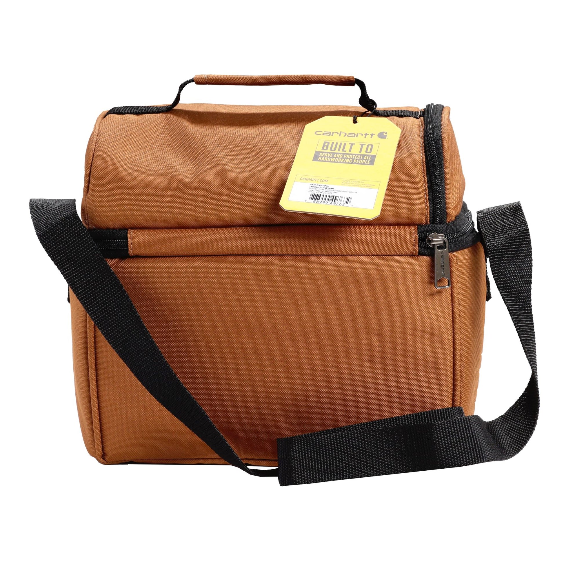 This brown Carhartt Can Cooler can comfortably fit up to 6 cans. Features a black strap for carrying.