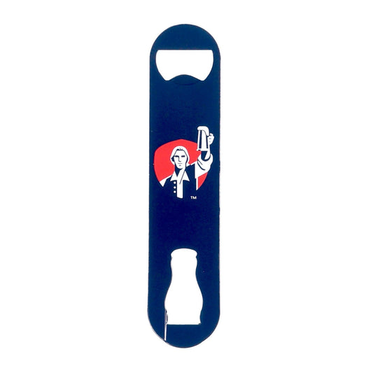 A navy blue paddle bottle opener with the Sam Adams Hoist logo in white and red.