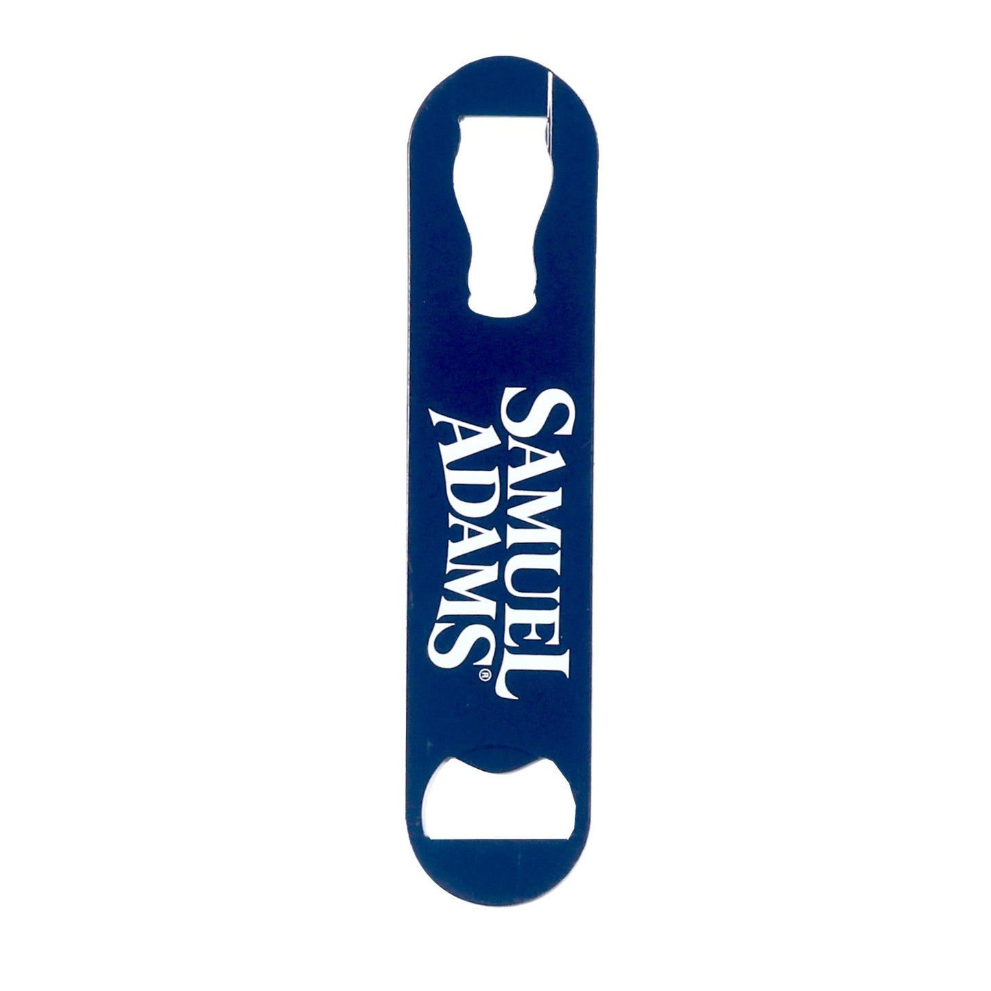 A navy blue paddle bottle opener with the Sam Adams classic logo in white.