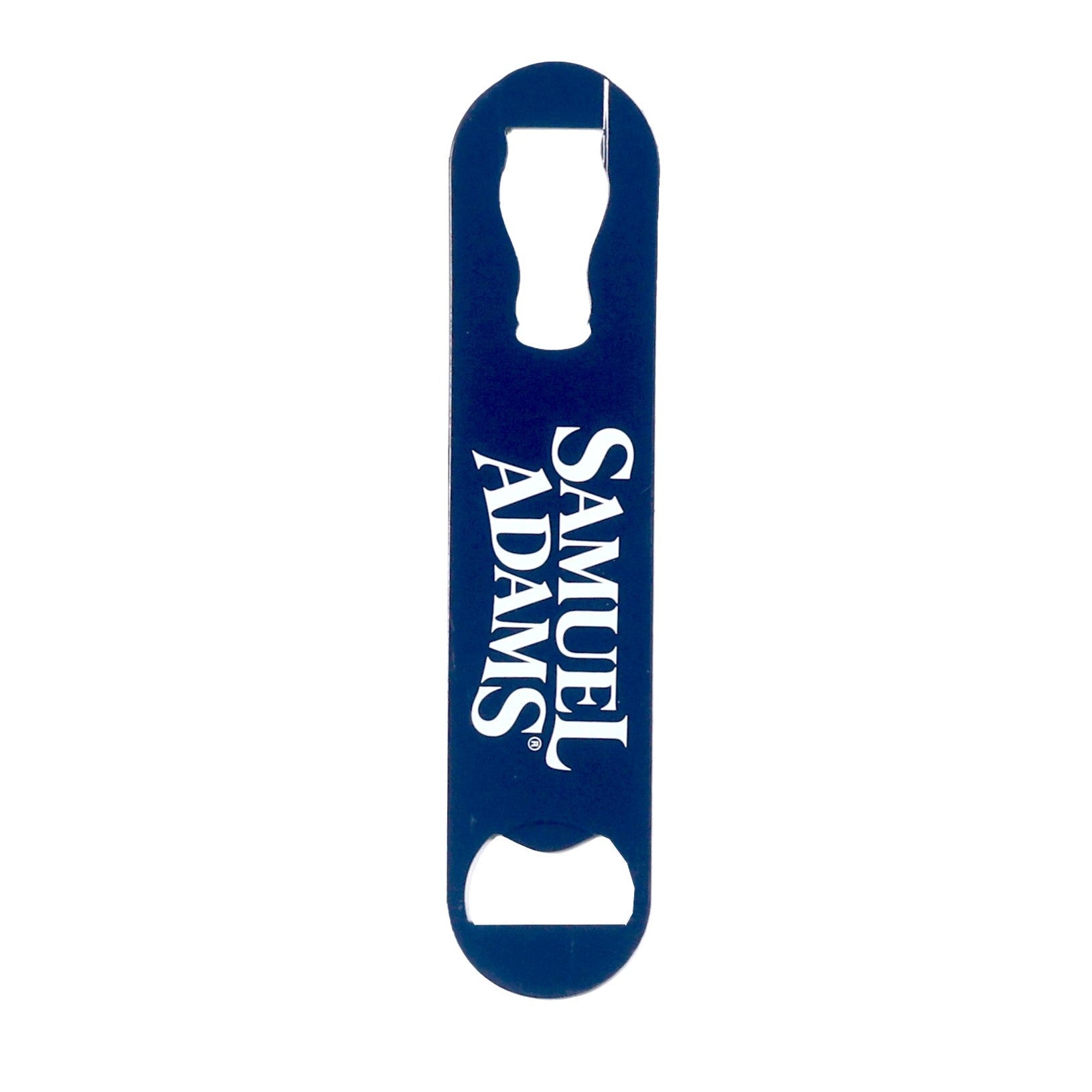 A navy blue paddle bottle opener with the Sam Adams classic logo in white.