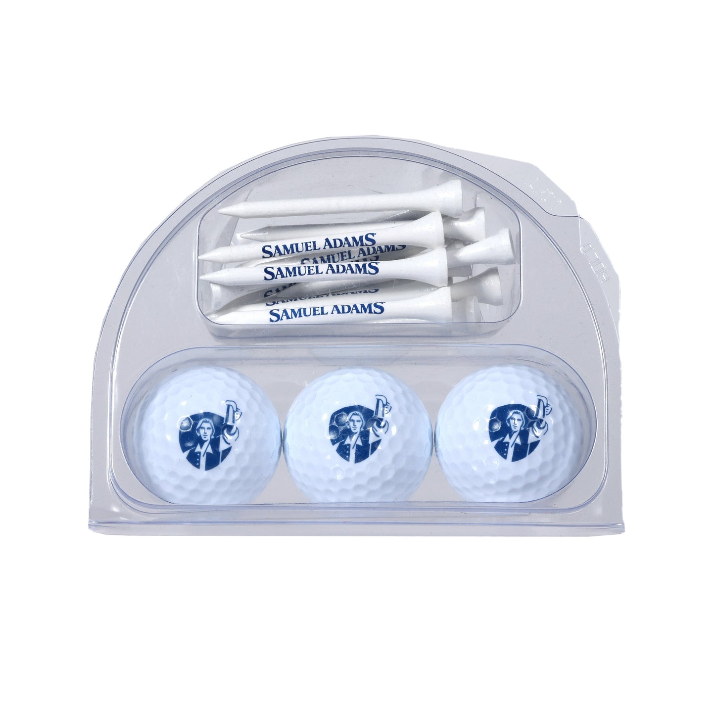 A set of three white golf balls with the Sam Adams Hoist logo in navy printed on, packaged with white golf tees with the Sam Adams logo in navy.