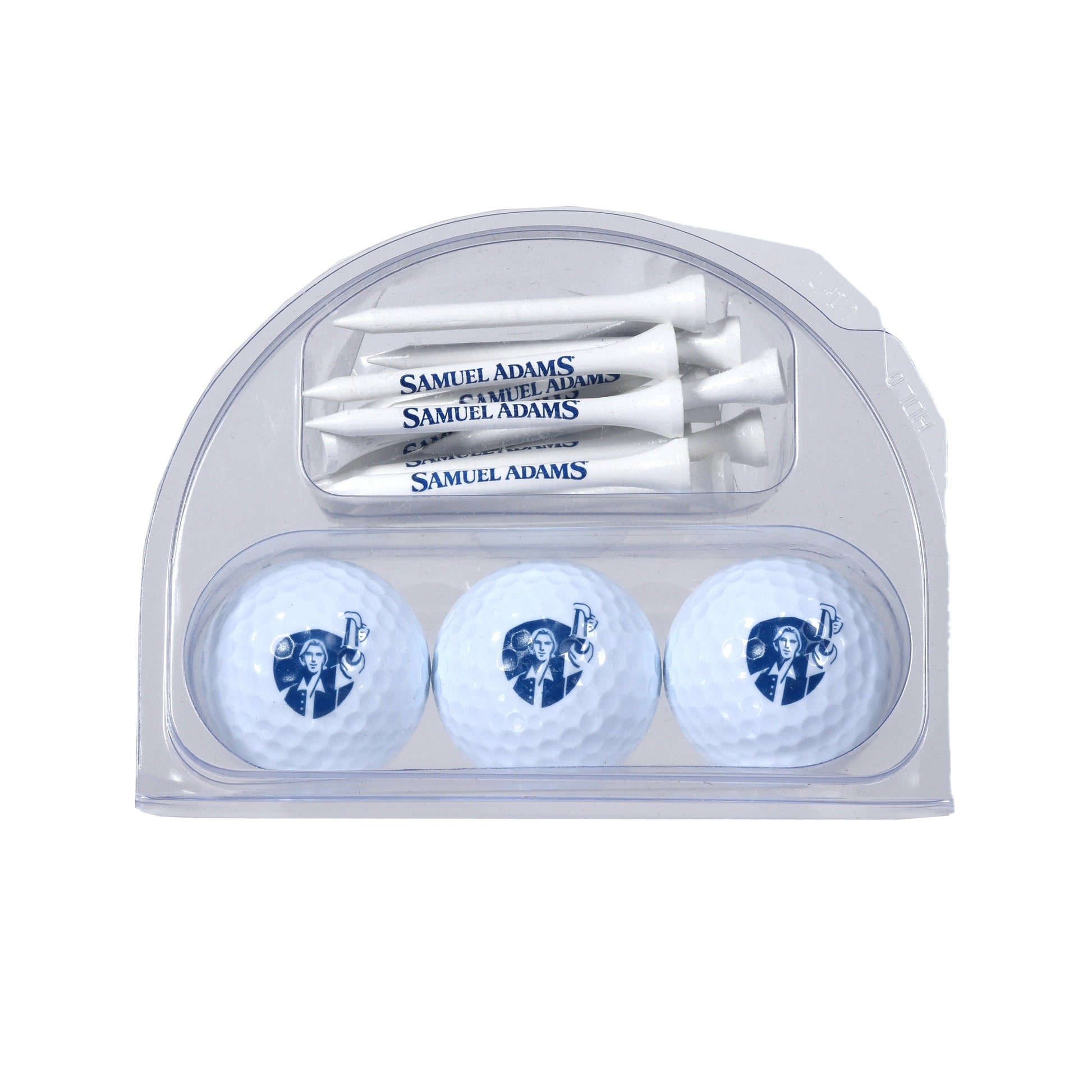 A set of three white golf balls with the Sam Adams Hoist logo in navy printed on, packaged with white golf tees with the Sam Adams logo in navy.