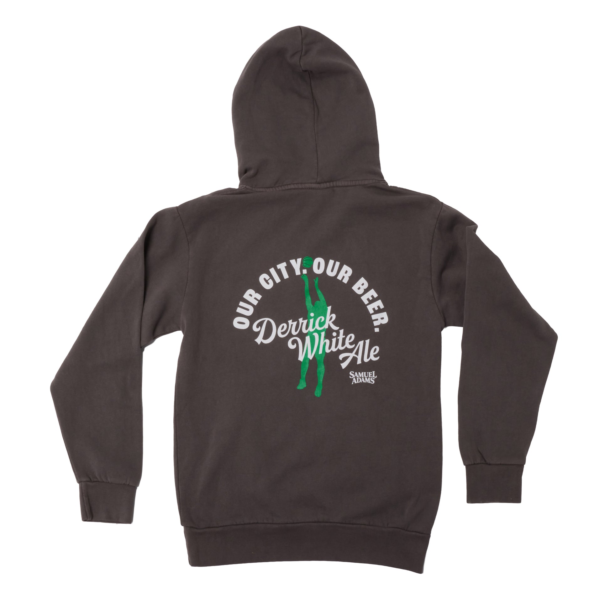 Back view of Samuel Adams Derrick White Ale hoodie in grey featuring large “Our City Our Beer” graphic with green basketball player silhouette and logo