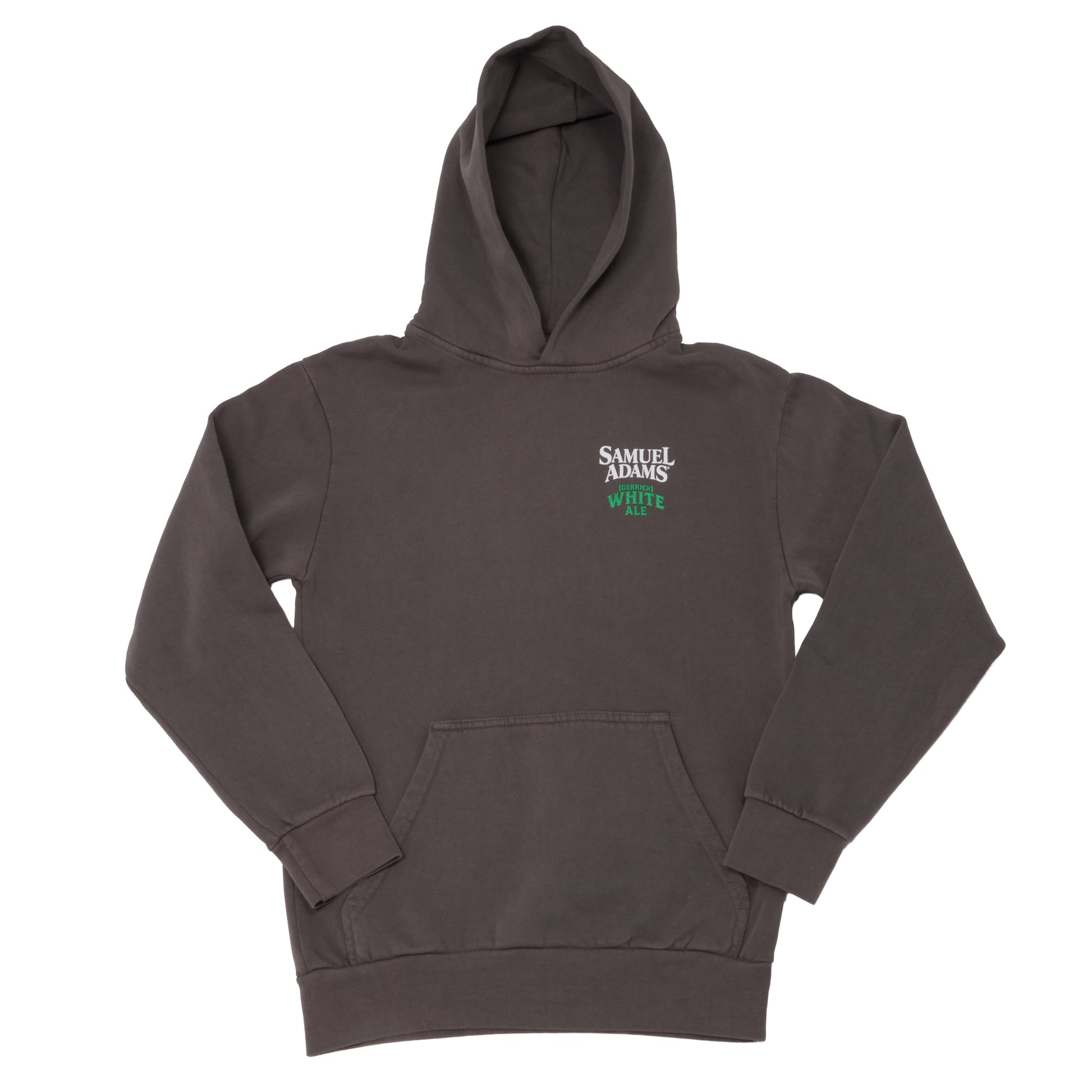 Front view of Samuel Adams Derrick White Ale hoodie in grey with chest logo, pullover hood, and kangaroo pocket