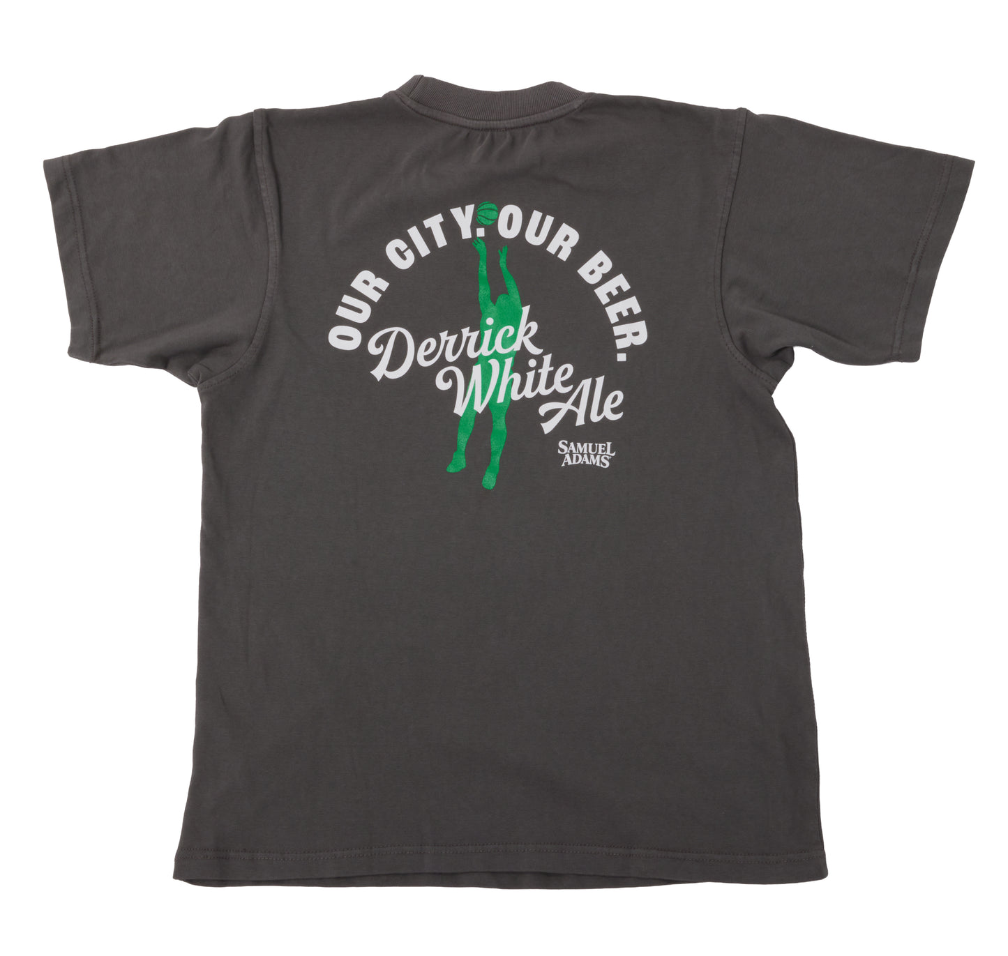Back view of Samuel Adams Derrick White Ale t-shirt in dark gray featuring “Our City Our Beer” graphic with green basketball player silhouette and large logo print