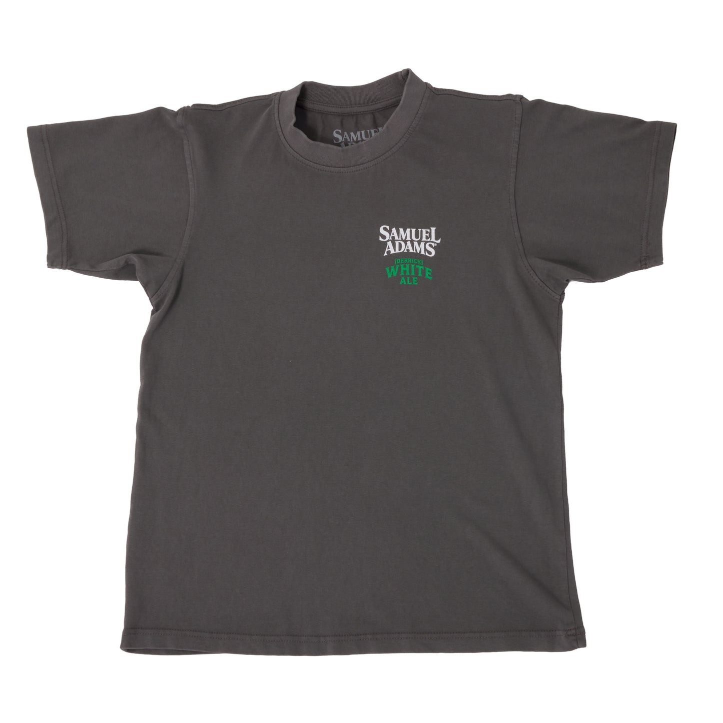 Front view of Samuel Adams Derrick White Ale t-shirt in dark gray with small chest logo, classic crewneck fit, and short sleeves