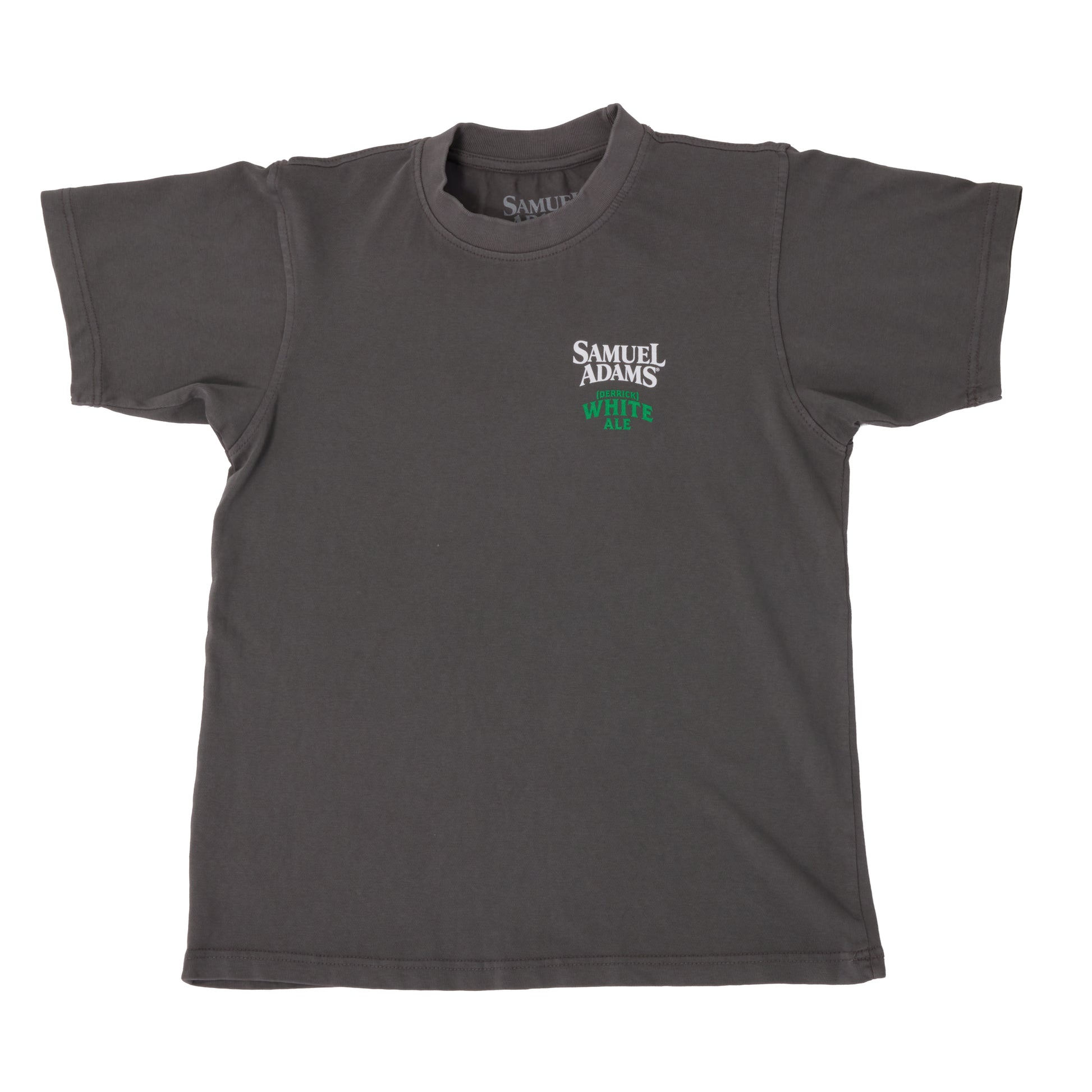 Front view of Samuel Adams Derrick White Ale t-shirt in dark gray with small chest logo, classic crewneck fit, and short sleeves
