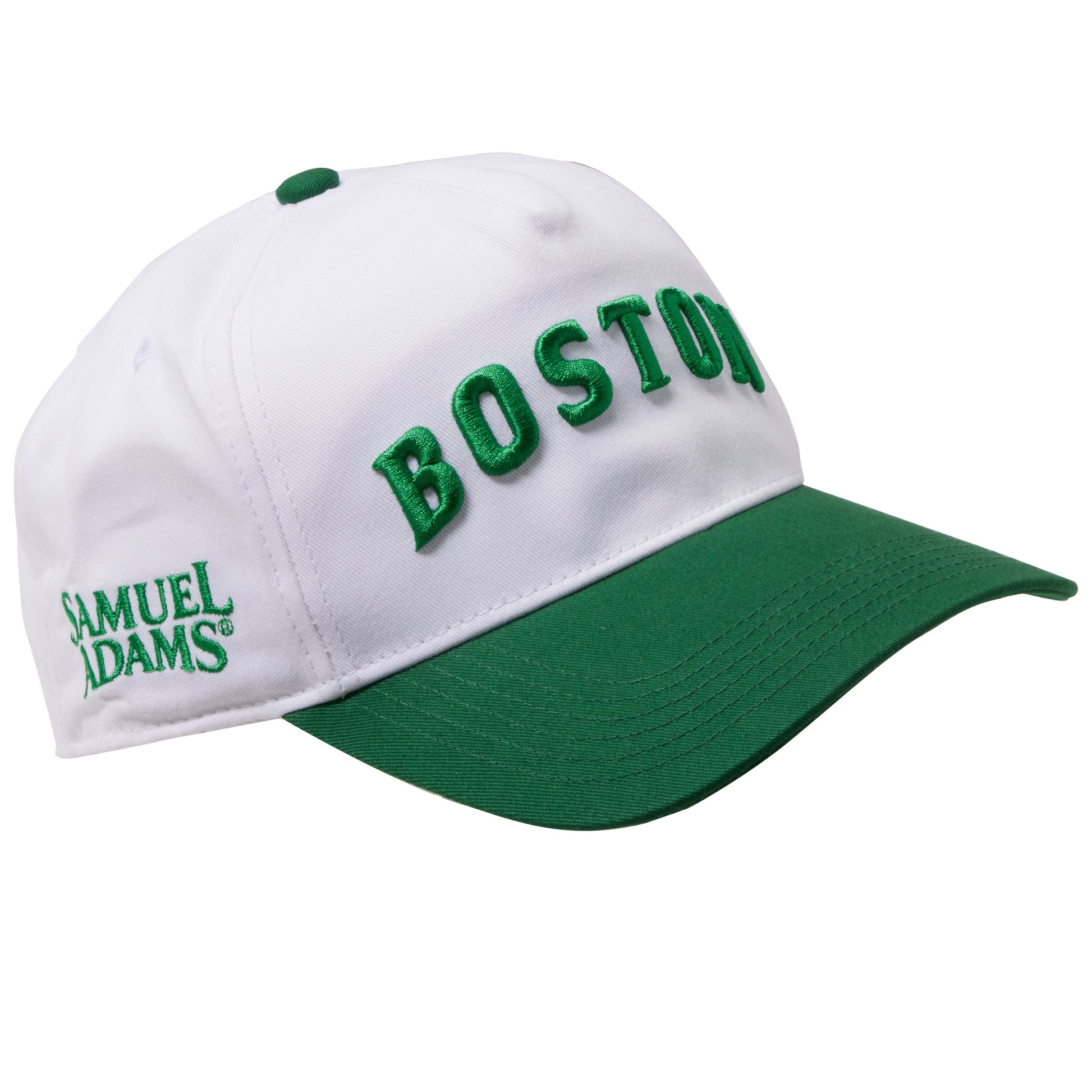 Samuel Adams Boston hat in white and green with embroidered “BOSTON” lettering, curved brim, and side Samuel Adams logo detail on structured cap
