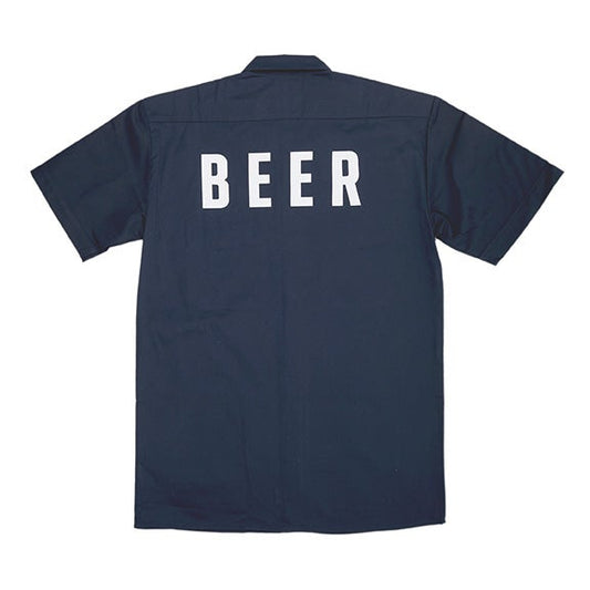 Back side of the navy Dickies work shirt, with the word "Beer" across the back.