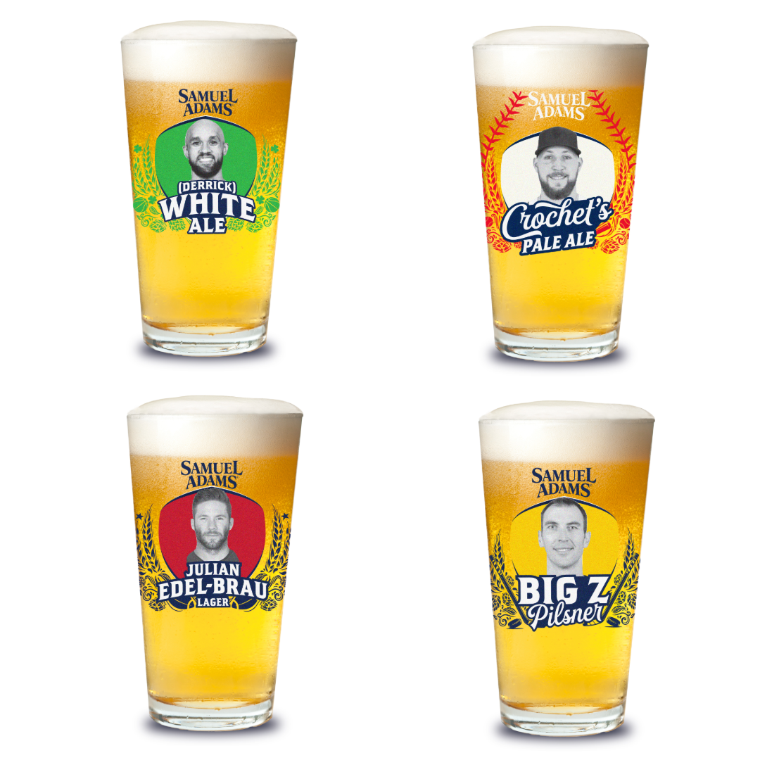 A composite image showing four Samuel Adams pint glasses arranged in a 2×2 grid, each filled with golden beer and topped with a foamy head. Each beer glass has an athletes portrait in black and white on it.