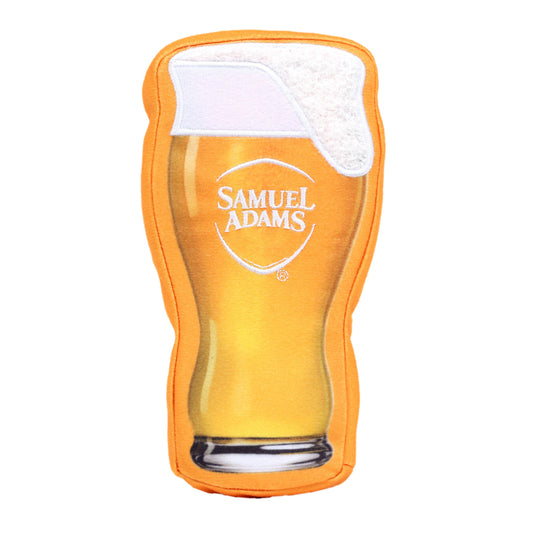 A Fuzzy Dog Toy modeled to look like the classic "Perfect Pint" of Sam Adams beer.