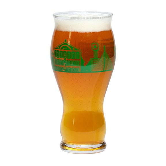 Pint glass with green skyline of Boston wrapping around the glass and a matching Samuel Adams logo 