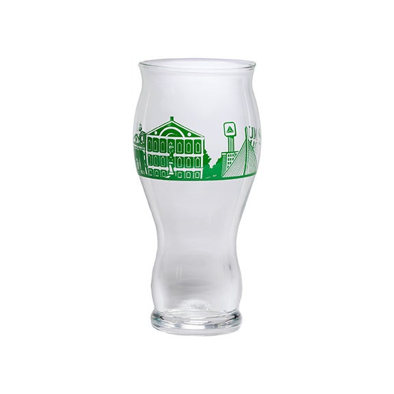 Pint glass with green skyline of Boston wrapping around the glass and a matching Samuel Adams logo 