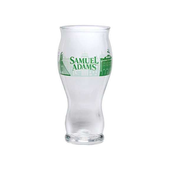 Pint glass with green skyline of Boston wrapping around the glass and a matching Samuel Adams logo 