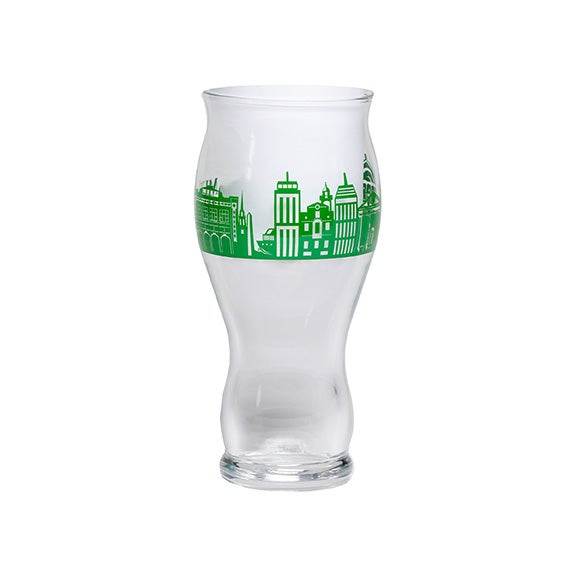 Pint glass with green skyline of Boston wrapping around the glass and a matching Samuel Adams logo 