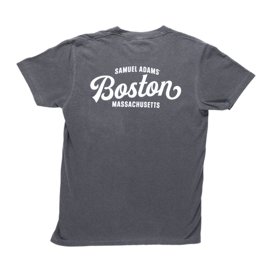 The back of this weathered dark grey tee features a "Samuel Adams Boston Massachusetts" design in white.