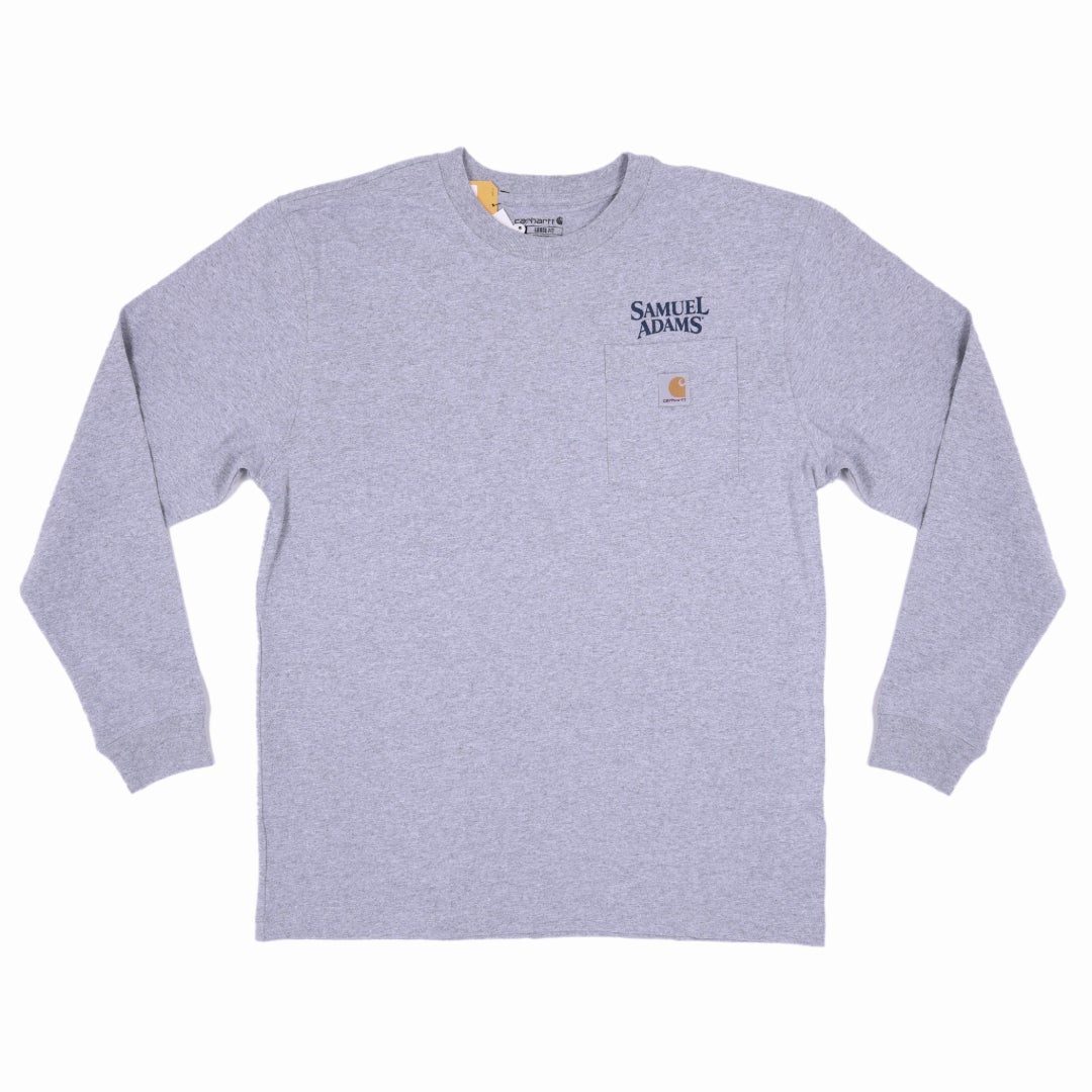 Front of a grey long sleeve Carhartt t-shirt with a chest pocket featuring Samuel Adams and Carhartt logos