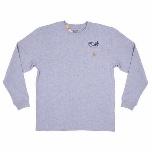 Front of a grey long sleeve Carhartt t-shirt with a chest pocket featuring Samuel Adams and Carhartt logos