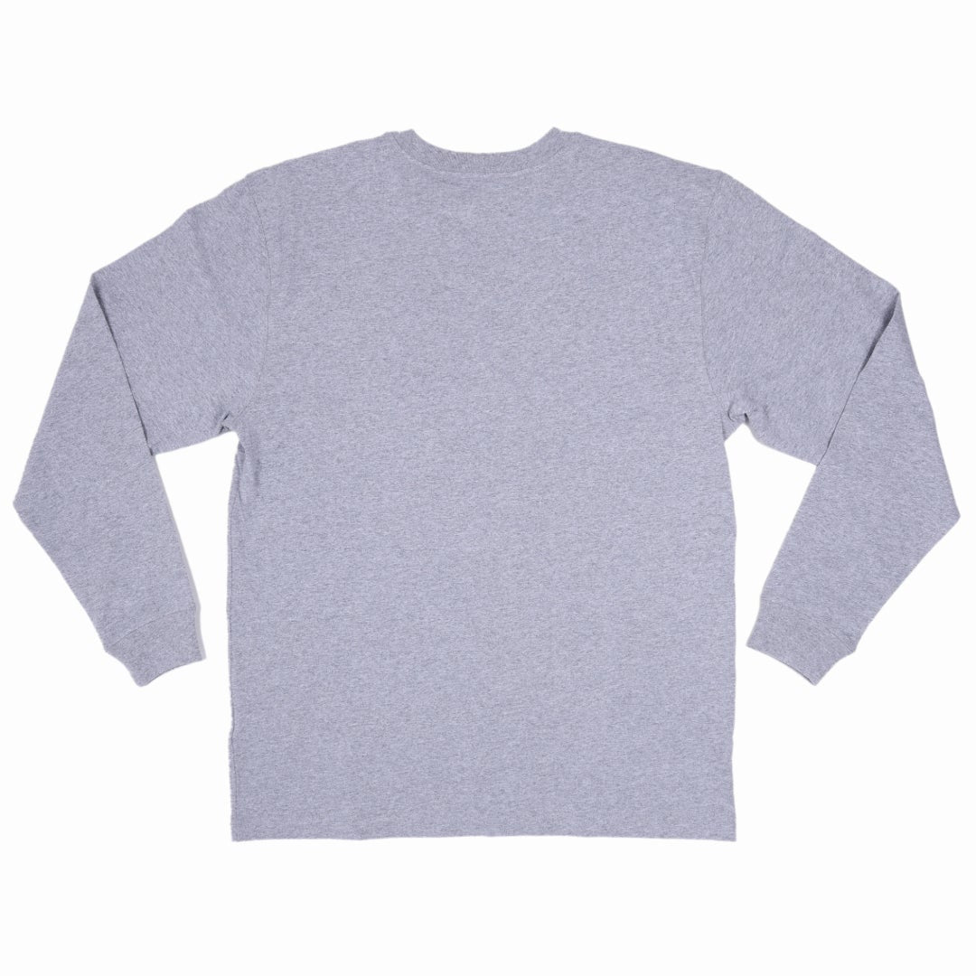 Back of a plain grey long sleeve Carhartt t-shirt