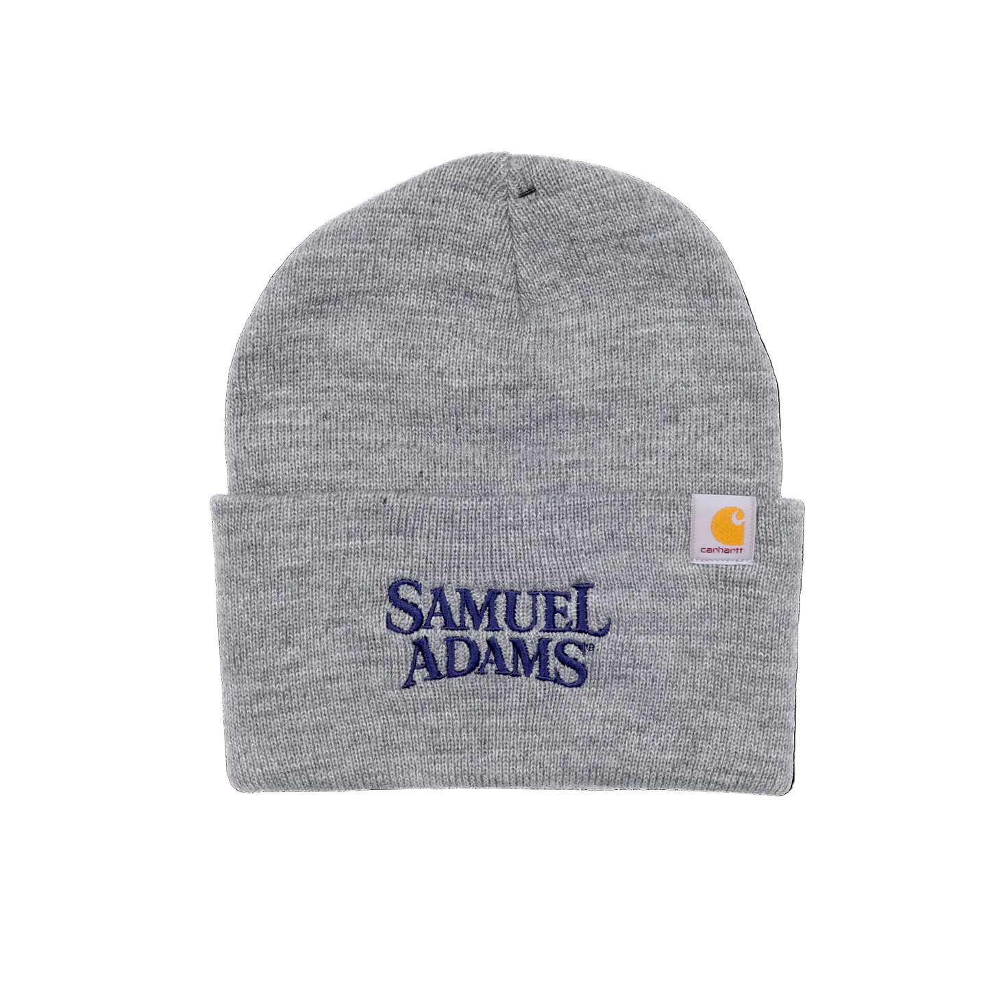 Front view of beanie features Samuel Adams written logo on fold over in navy blue. Small Carhartt logo patch is located on the top left of fold over.