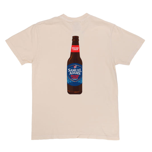 Back view of the shirt with a large graphic of a Samuel Adams Boston Lager bottle printed in full color.