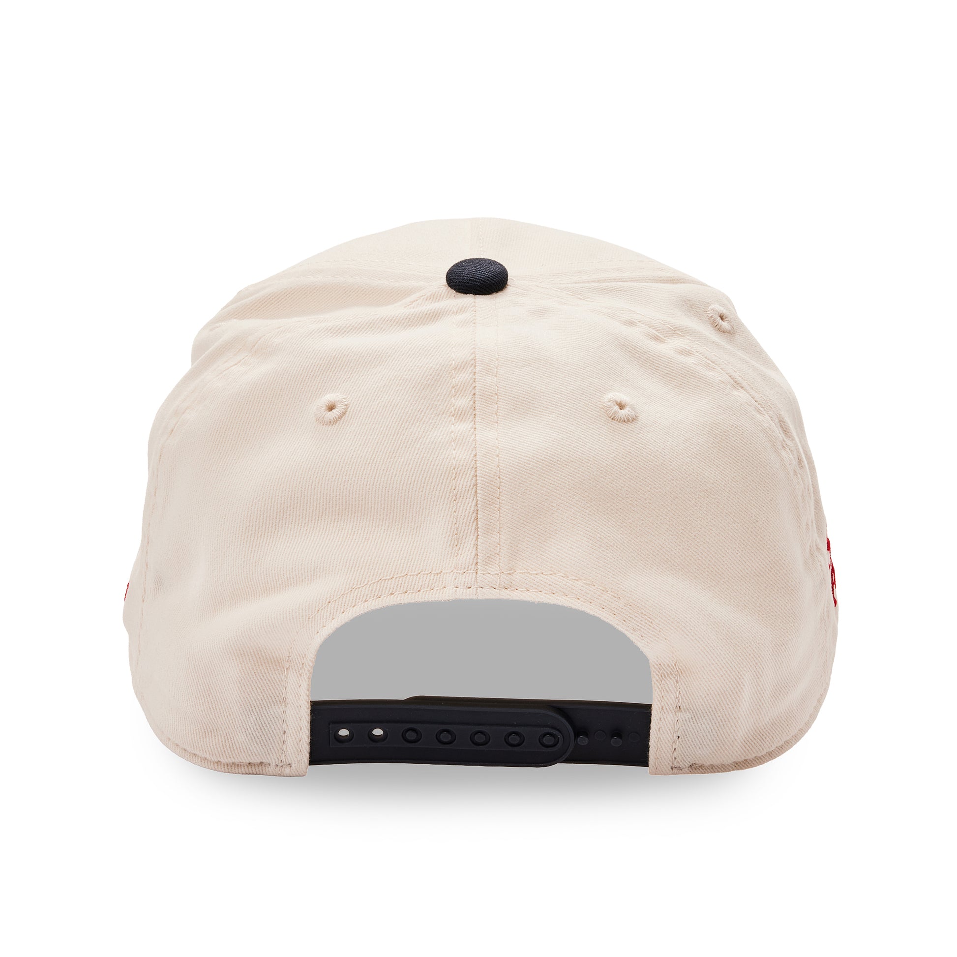Back view of a beige snapback cap with a black button on top and an adjustable black strap at the bottom, shown on a white background.
