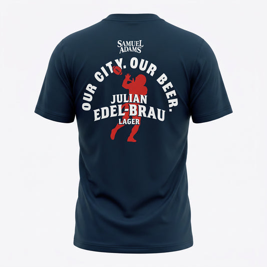 Back view of a navy blue t-shirt featuring a large red and white graphic print with the text 'OUR CITY. OUR BEER.