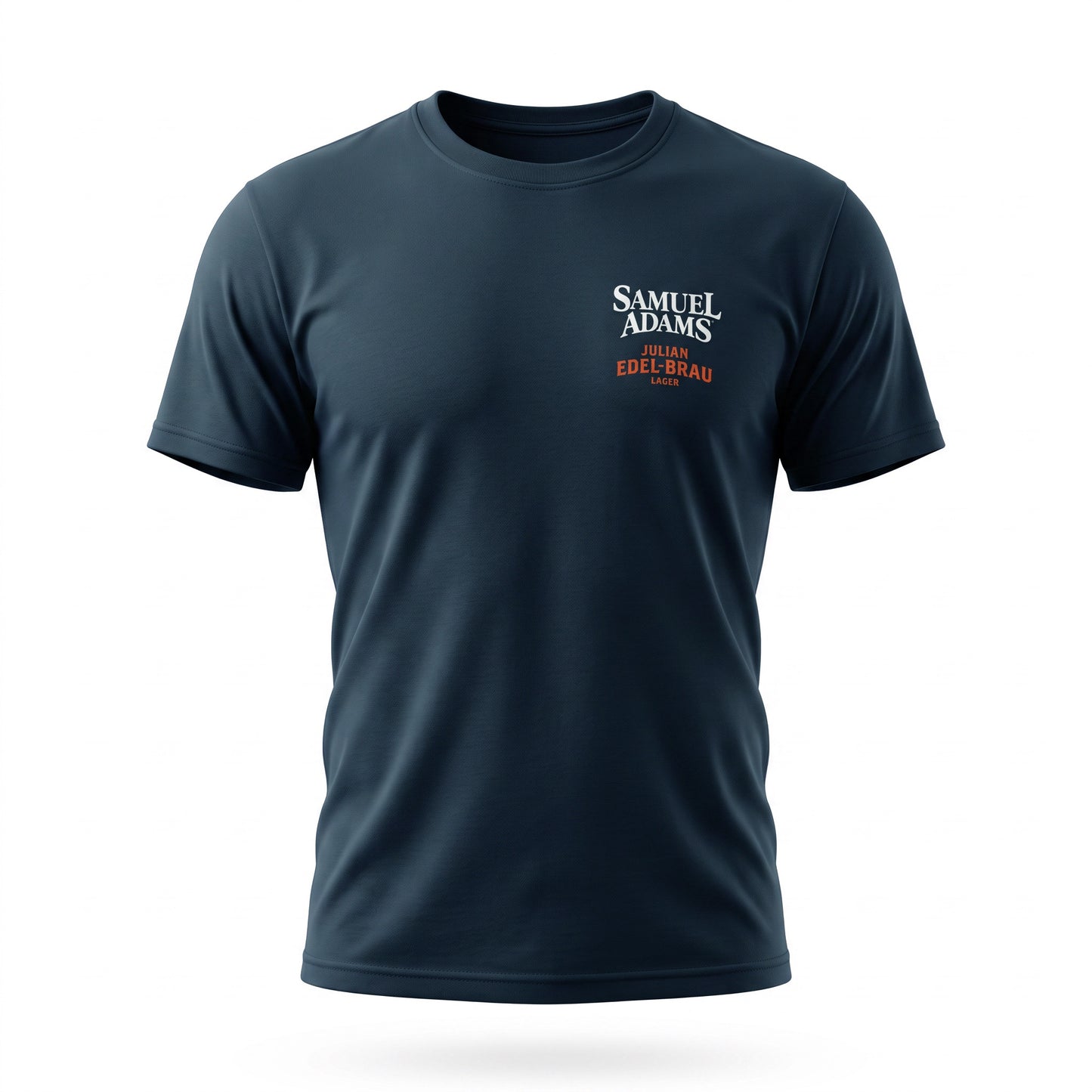 A dark navy blue short-sleeve crewneck t-shirt with a small graphic on the left chest reading 'SAMUEL ADAMS Julian Edel-Brau Lager' in white and orange, shown on a clean white background.