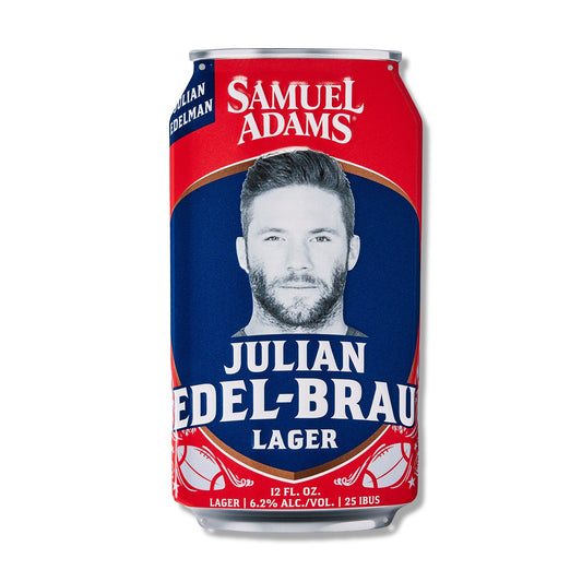 Can shaped tin tacker with can design of Juian Edel-Brau Lager featuring image of Julian Edleman's face on a red and blue can. 