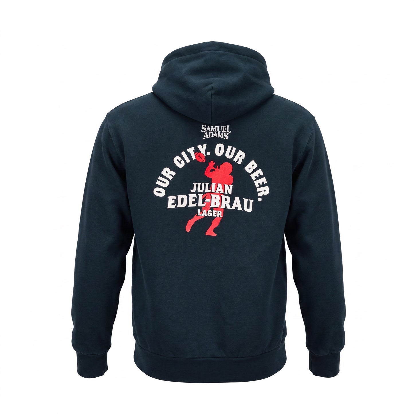 Navy hoodie with a sports club logo on the back against a white background