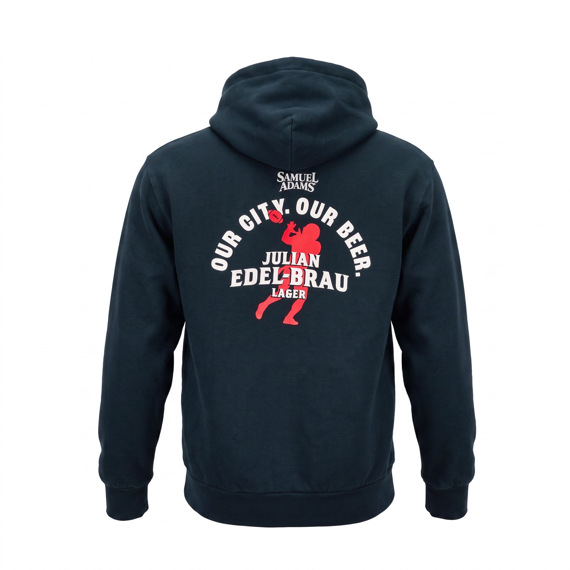 Navy hoodie with a sports club logo on the back against a white background
