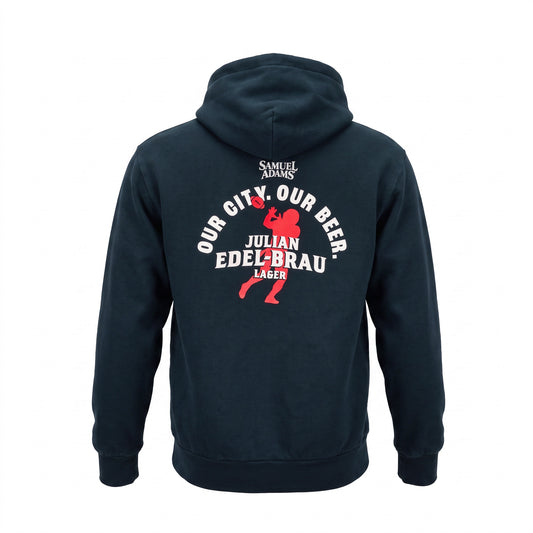 Navy hoodie with a sports club logo on the back against a white background
