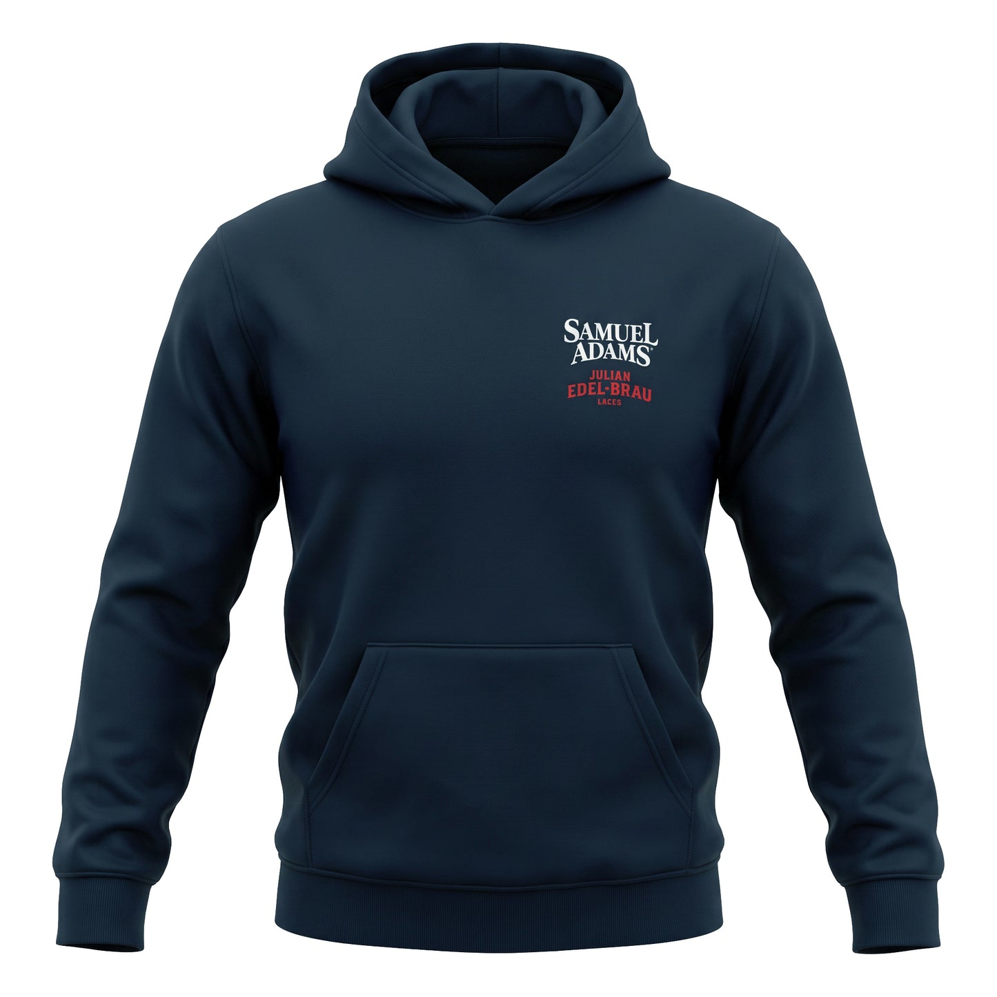 A dark navy blue pullover hoodie with a front kangaroo pocket and a small white and red graphic on the left chest reading 'SAMUEL ADAMS' and 'Julian Edel-Brau'. The hoodie is shown on a clean white background.