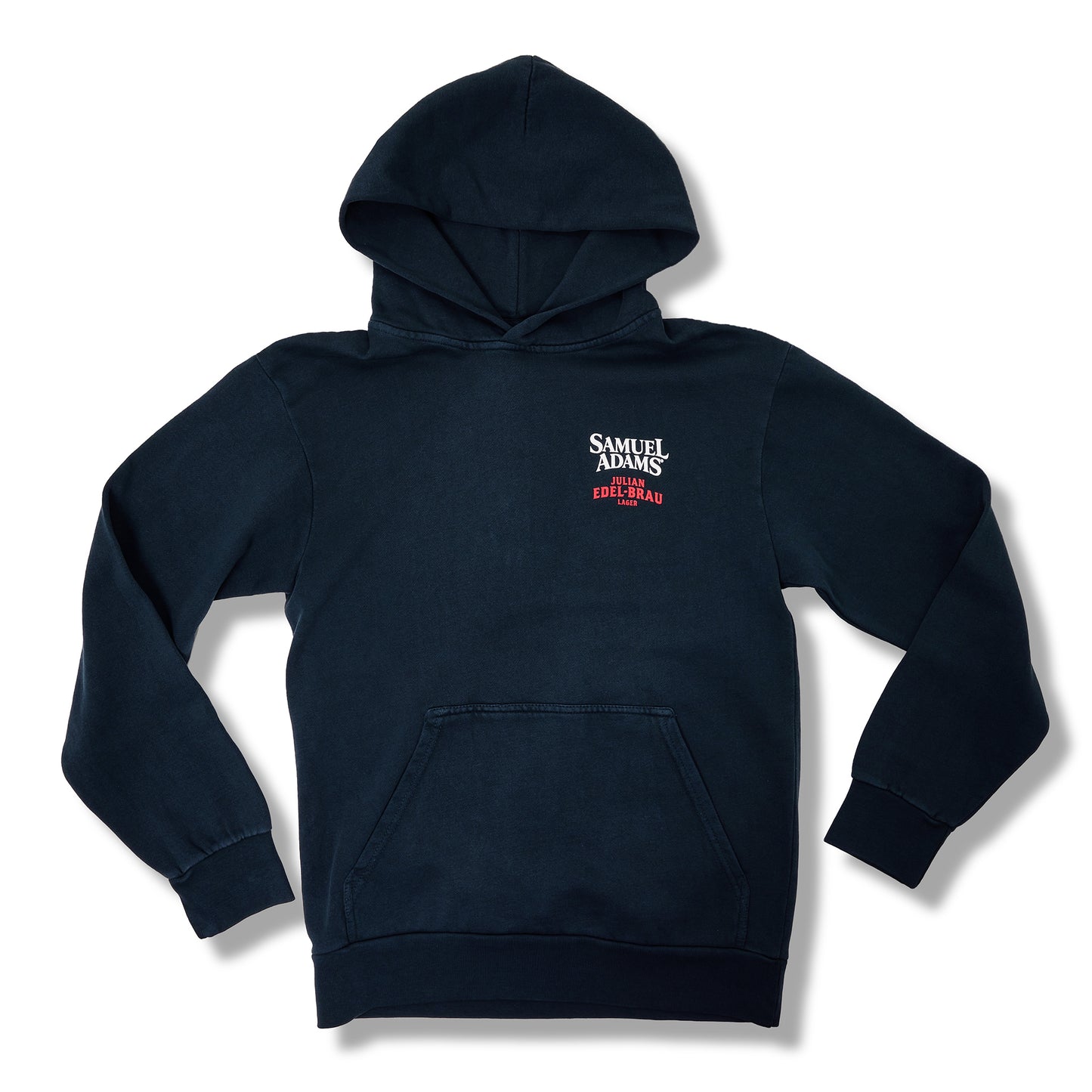 A dark navy blue pullover hoodie with a small embroidered 'SAMUEL ADAMS' logo on the left chest, displayed on a clean white background.