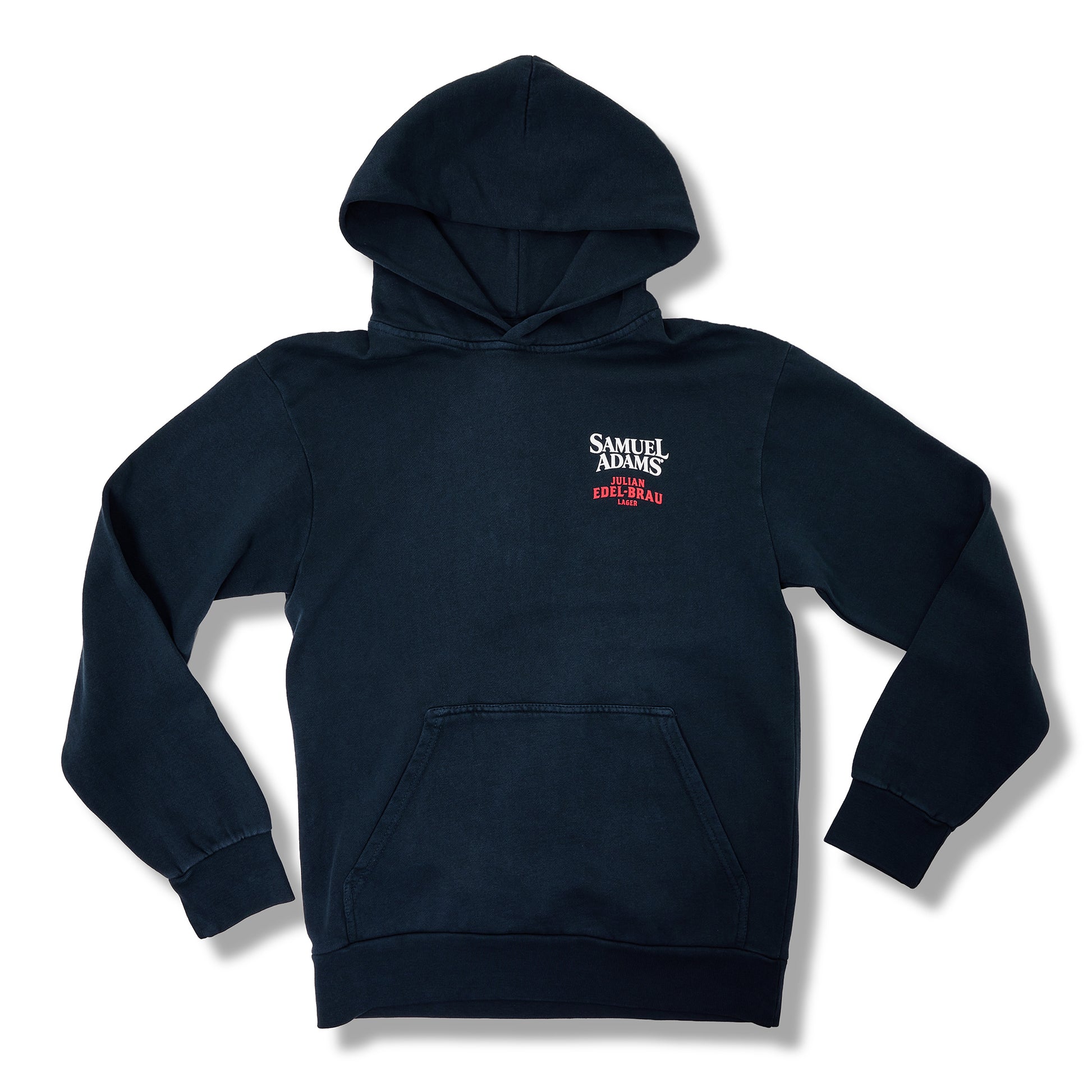 A dark navy blue pullover hoodie with a small embroidered 'SAMUEL ADAMS' logo on the left chest, displayed on a clean white background.