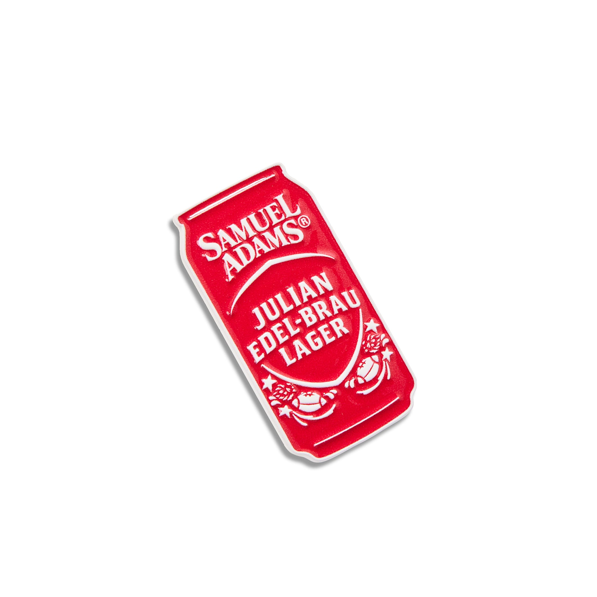 A red die-cut pin shaped like a Samuel Adams Julian Edel-Brau Lager beer can, shown on a plain white background.