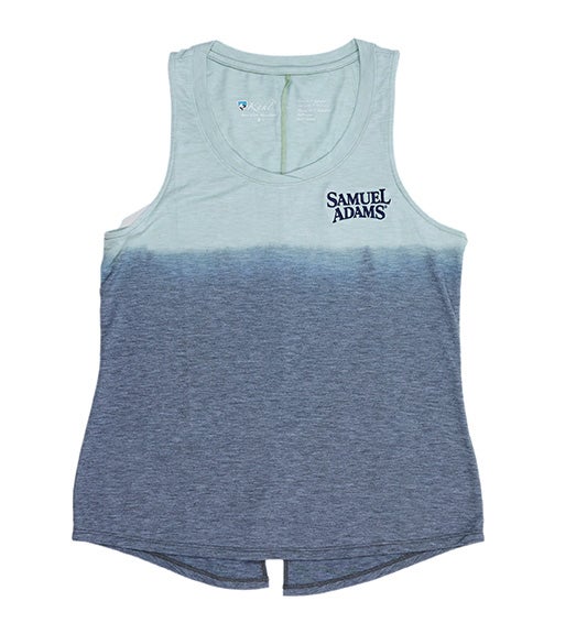 A KUHL two-tone tank top with heather dark blue on the bottom and heather light blue on the top, with the Samuel Adams logo on the top left side of the chest in navy blue.