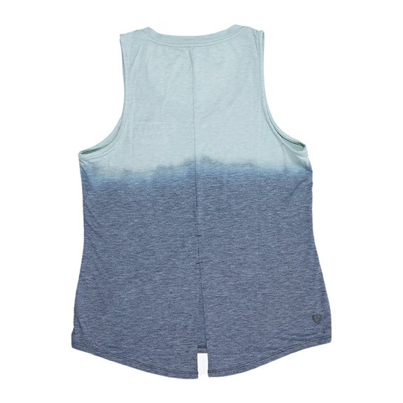 A KUHL two-tone tank top with heather dark blue on the bottom and heather light blue on the top.