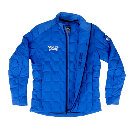 Front view of opened zipper KUHL Royal Firestorm Down Full Zip Jacket in Rally Blue.
