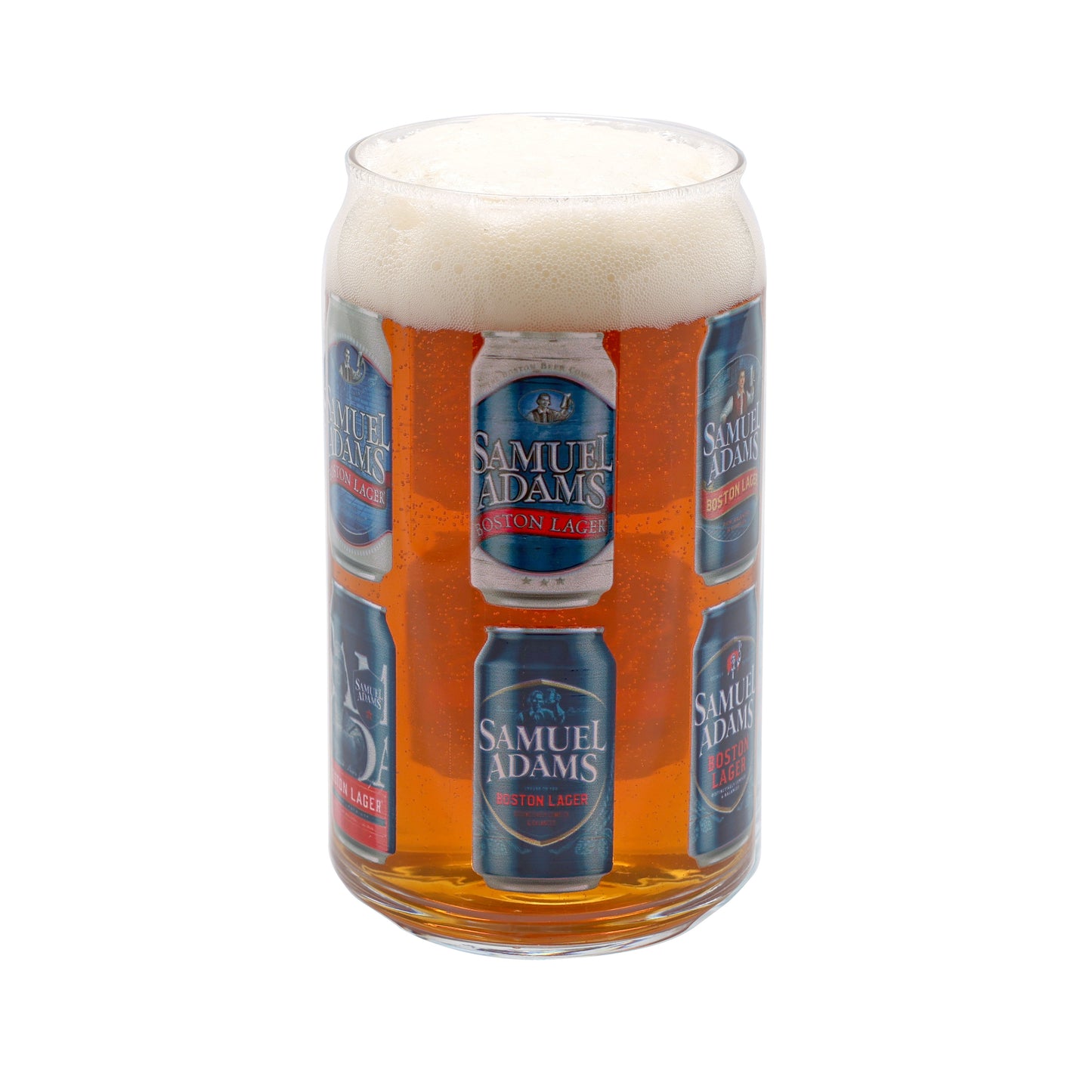 A clear glass printed with a repeating Samuel Adams Boston Lager can design, filled with amber beer and topped with white foam, isolated on a white background.