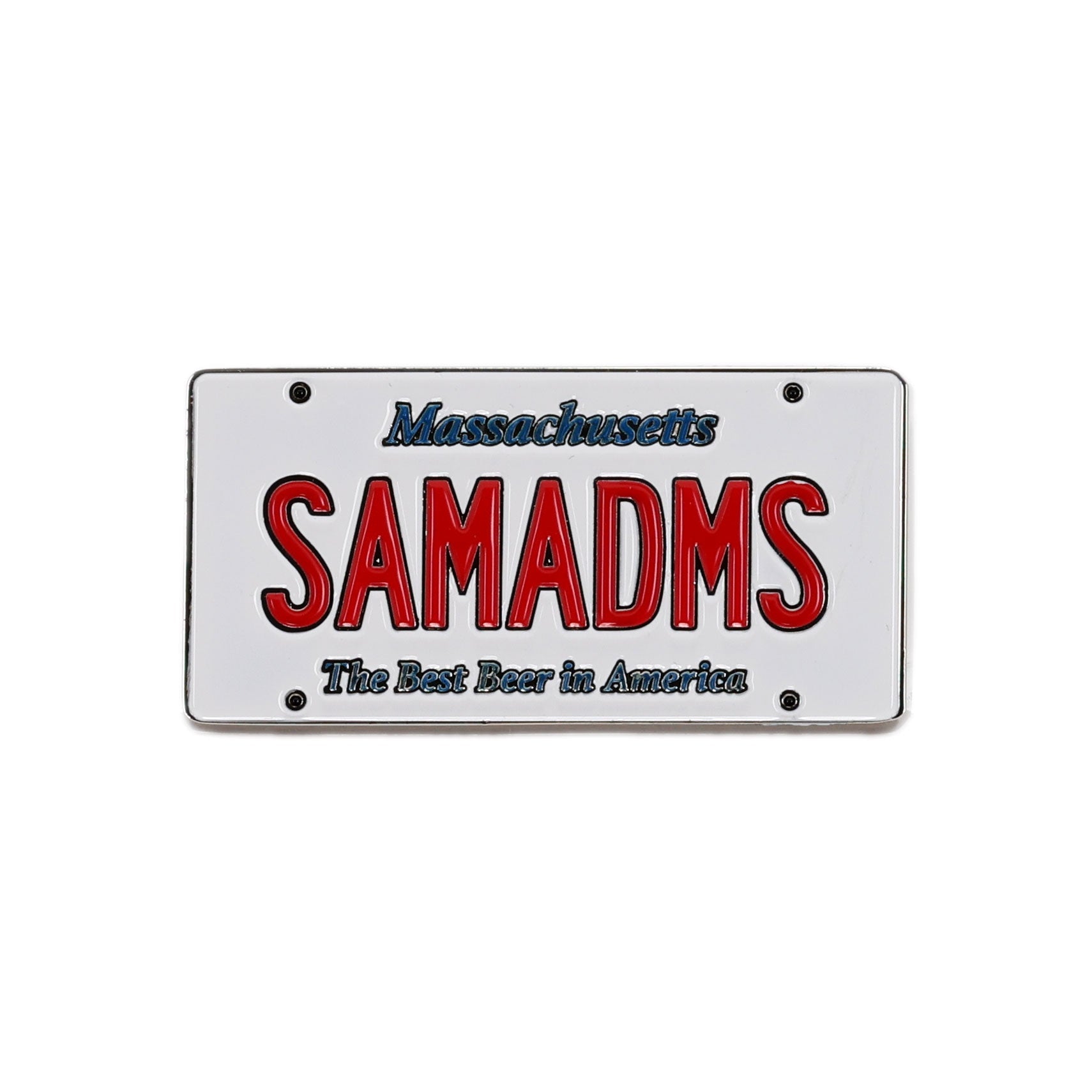 Enamel magnet designed like a Massachusetts license plate with “SAMADMS” in red lettering and “The Best Beer in America” in blue text underneath.