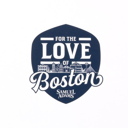 This sticker is 3" x 2.75" and features the classic Samuel Adams "For the love of Boston" design with a navy background and white writing.
