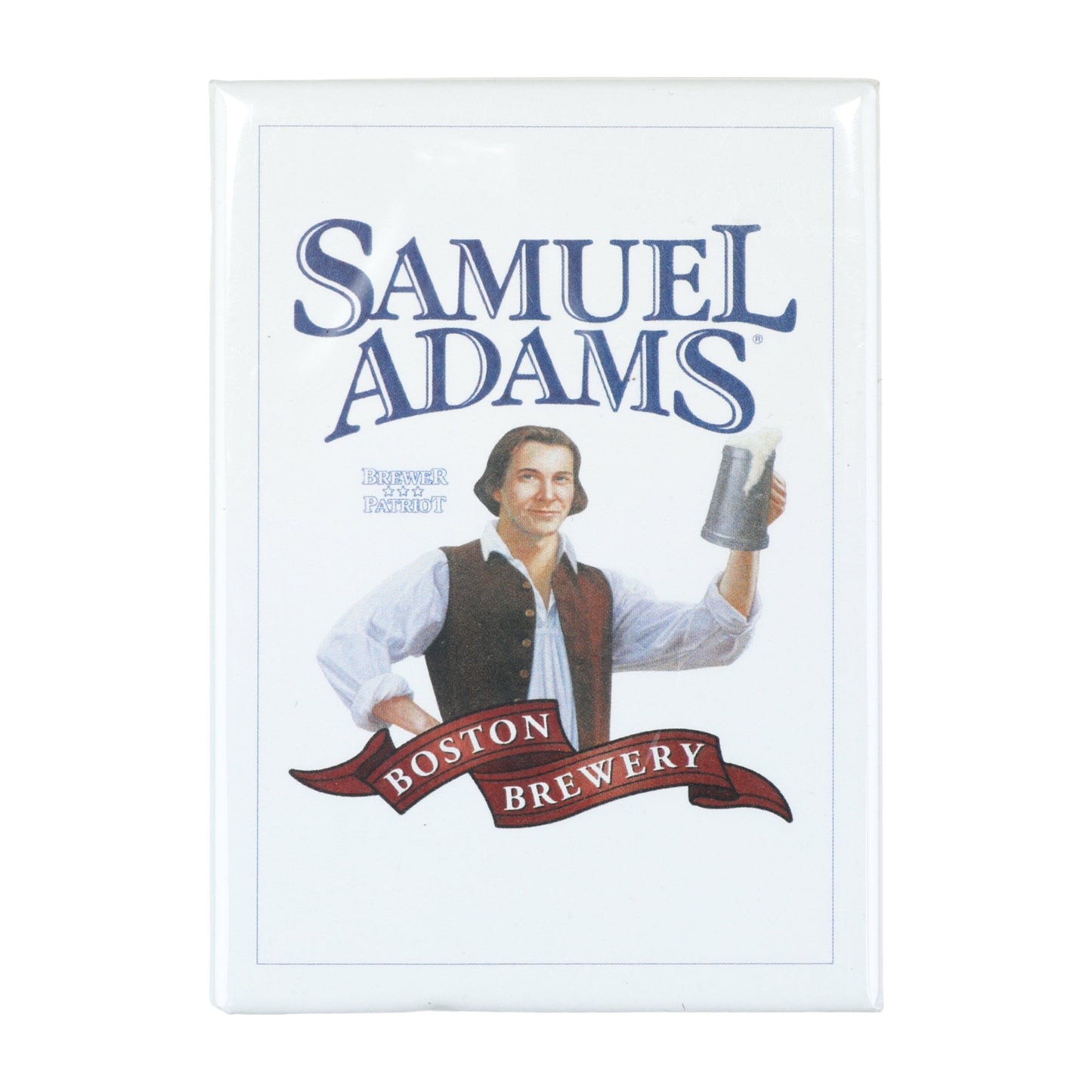 A white magnet with the traditional and classic Samuel Adams logo featuring the illustration of Sam hoisting a pint.