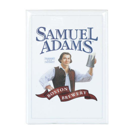 A white magnet with the traditional and classic Samuel Adams logo featuring the illustration of Sam hoisting a pint.
