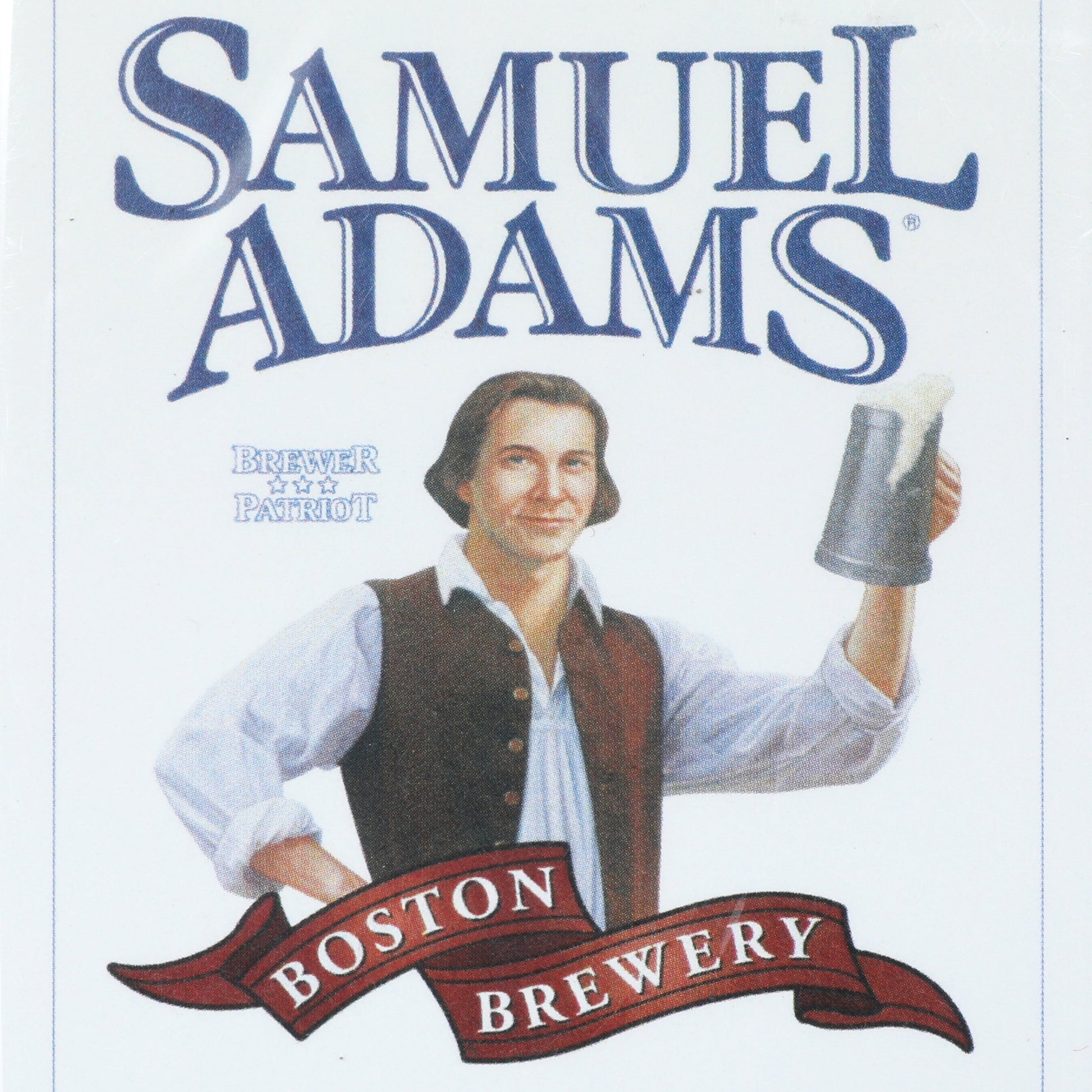 A white magnet with the traditional and classic Samuel Adams logo featuring the illustration of Sam hoisting a pint.