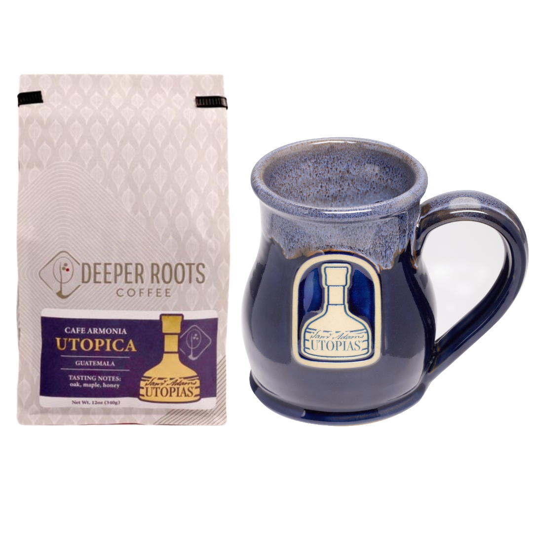 Utopica coffee beans from deeper roots coffee and a Sam Adams Utopia ceramic mug