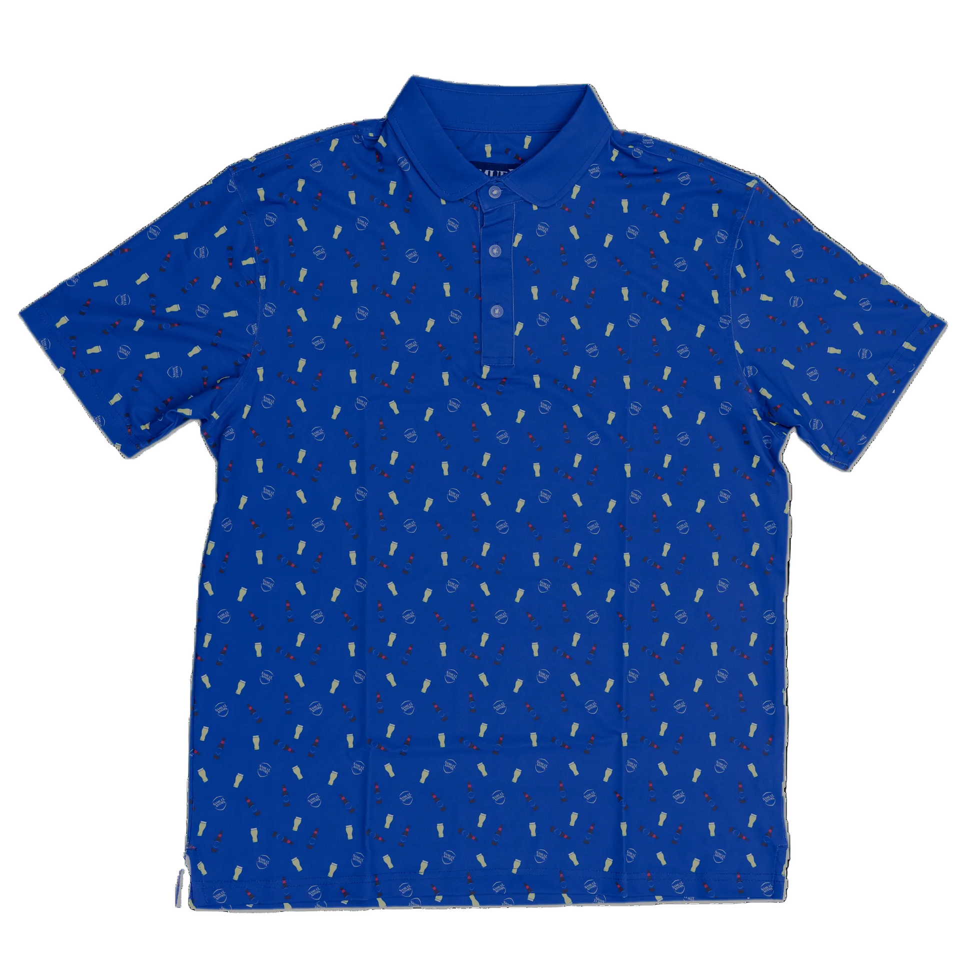 Blue polo covered in beer pints, Sam longneck beer bottles, and the Sam Adams shield logo.