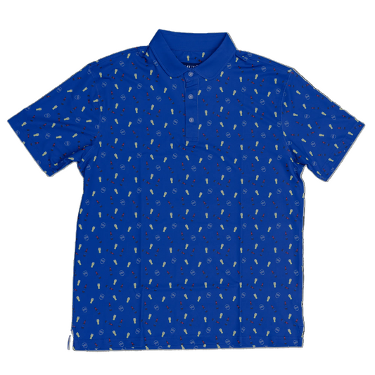 Blue polo covered in beer pints, Sam longneck beer bottles, and the Sam Adams shield logo.
