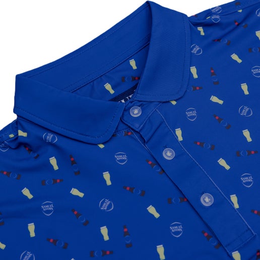 Blue polo covered in beer pints, Sam longneck beer bottles, and the Sam Adams shield logo.