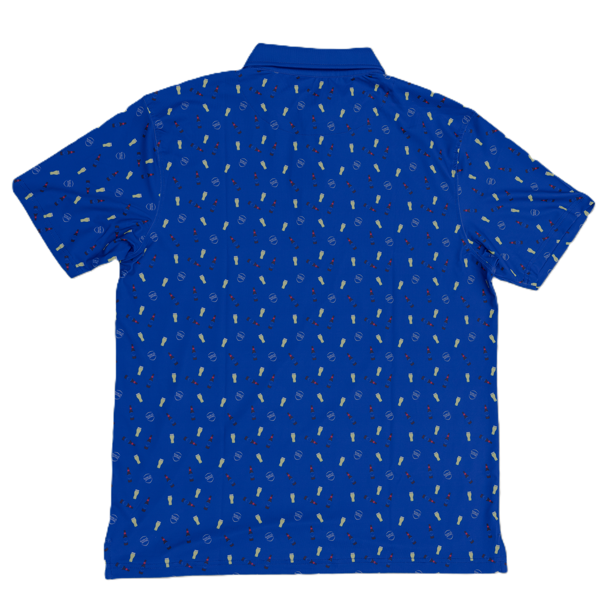 Blue polo covered in beer pints, Sam longneck beer bottles, and the Sam Adams shield logo.